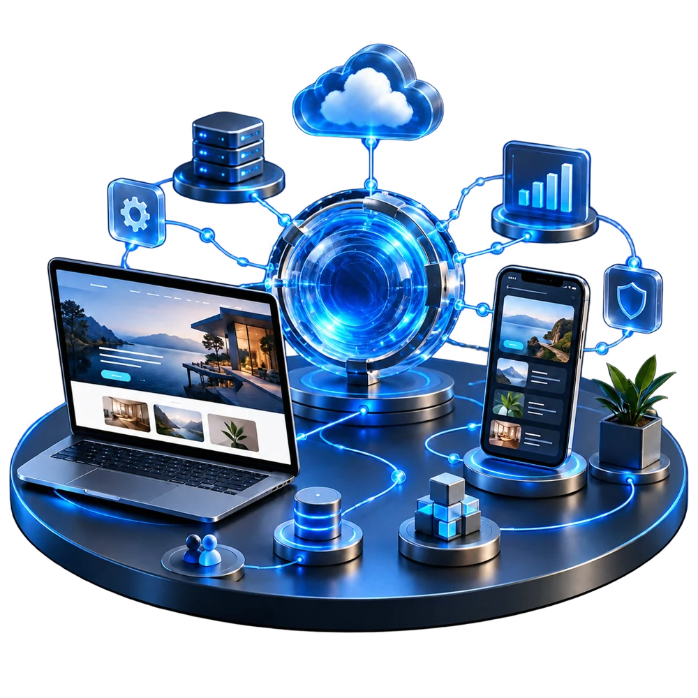 Ecosistema digitale con siti web, app, cloud e automazioni connessi